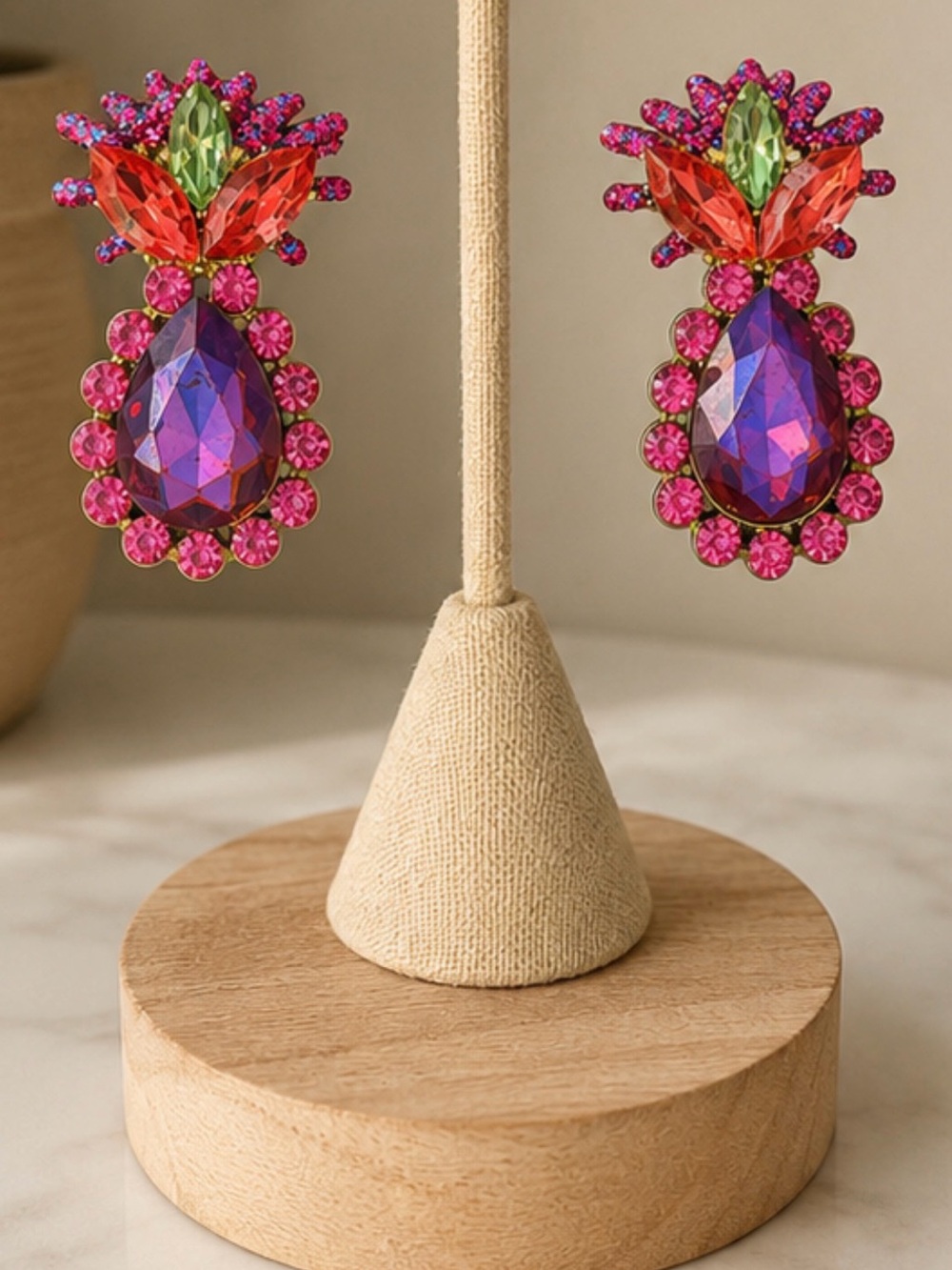 Zara Pink, Purple & Green Crystal Teardrop Statement Earrings
